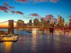 Evening view of Lower Manhattan skyline with Brooklyn bridge over East river, New York Art Print