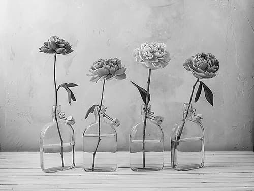 Peonies in glass bottles Art Print