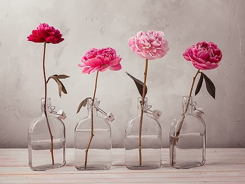 Peonies in glass bottles Art Print
