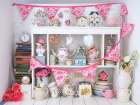 Vintage tea pots, cups , clocks with bunting Art Print