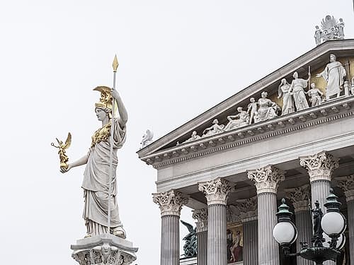 Pallas Athena statue at Austrian parliament building in Innere Stadt, Vienna, Austria Art Print