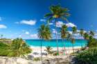 Palm trees overlooking a white sandy beach and a turquoise blue sea, Barbados Art Print