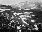 View of plateau, snow covered mountain in background, Longs Peak, in Rocky Mountain National Park, C