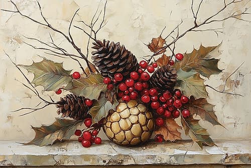 Pinecones and Berries Art Deco Print