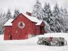 Red Christmas Barn and Wagon Landscape Print