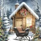 Christmas Cabin with Sleigh Art Print