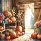 Fall Flowers And Pumpkins Still Life Art Print