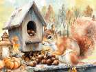 Fall Woodland Squirrel And Birdhouse Art Print