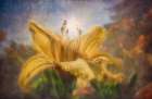 Dew-Covered Yellow Flower Glowing In Sunlight With Blurred, Dreamy Background. Digital Artwork Art Print