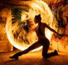 Performer Twirls A Flaming Hoop In A Graffiti-Covered Urban Setting At Night. Wa, USA Art Print