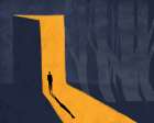 Man Standing In Minimalistic Abstract Light Path Symbolizing Opportunity Art Print by Elena Sapegina