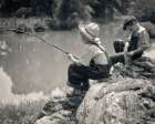 1930S Two Boys Sitting On Rocks Fishing In Pond With Poles Made From Twigs And String Art Print