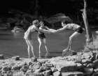 1920S 1930S Two Women Pulling Man Into Woodland Swimming Pond All Wearing Bathing Suits Art Print