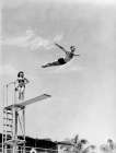 1940S Man Swan Diving Off High Diving Board Woman Watching Art Print