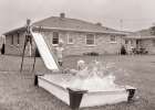 1950S 1960S Three Girls Playing In Backyard Going Down Sliding Board Into Plastic Swimming Splash Art Print