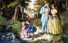 1860S Summer Ramble Family Father Mother Son Daughter Country Lane Ducks - Currier And Ives Litho Art Print