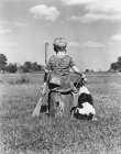 1940S Back View Of Boy Wearing Hunting Permit Holding Bb Gun Sitting On Tree Stump Next To Dog Art Print