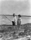 1920S Two Boys Walking Along Shore Going Fishing Poles Barefoot Summer Fun Fishing Poles Water Lake Art Print