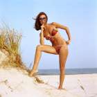 1970S Woman Wearing Two Piece String Bikini Bathing Suit Sunglasses Posing By Grassy Sand Dune Beach Art Print