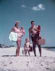 1950S Family Man Woman Mother Father Children Boy Girl Son Daughter Standing Sandy Beach With Basket Art Print