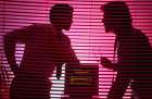 Silhouetted Tech Discussion Behind Office Blinds, Computer Programming Concept, Vintage Photograph Art Print