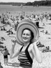 1930S Vacation Montage Portrait Smiling Woman In Bathing Suit Wearing Straw Hat And Scene Of Beach Art Print