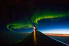 View Of The Northern Lights As Seen From An Airplane Flight Over The North Atlantic Ocean. Art Print