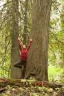 Young Woman Practices Yoga In Stand Of Old Growth Cedar Trees At Island Lake Resort In Lizard Col Art Print