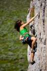 Woman Rock Climbing Reach For Chalk Bag. Art Print
