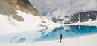 A Climber Approaches A Blue Lake On Wedgemount Glacier In Garibaldi Provincial Park Art Print