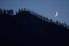 The Crescent Moon Rises Over Tree Line In The Frank Church Wilderness, Idaho. Art Print