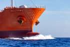 Dolphin Surfacing Beside The Bow Of A Giant Orange Cargo Ship Art Print
