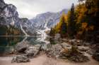 Autumn Colors At Lago Di Braies In Dolomites With Mountain Reflections Art Print