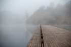 Foggy Lakeside Wooden Pier. Zakrzowek, Poland Art Print
