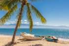 Mexico, Nayarit, Bahia De Banderas, Bucerias. Palm Trees, Beachfront, Small Fishing Boat Art Print