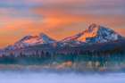 Autumn Sunrise On North And Middle Sister Peaks, Black Butte Ranch, Oregon Cascade Range, USA. Art Print