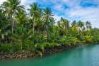 Fiji, Vanua Levu, Savasi Island Resort. Landscape With Water And Palm Tree Forest. Art Print