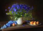 Still life with cornflowers and apricots Art Print