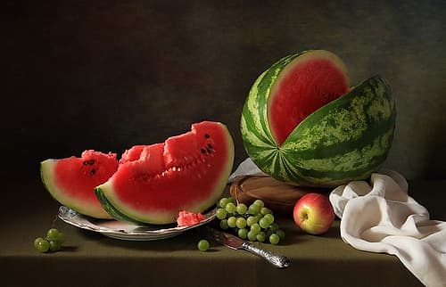 Still life with watermelon and grapes Art Print