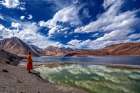 Monk at Pangong Tso Lake Art Print