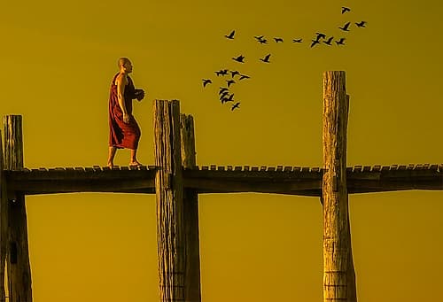 Serene Monk Golden Bridge Art Print