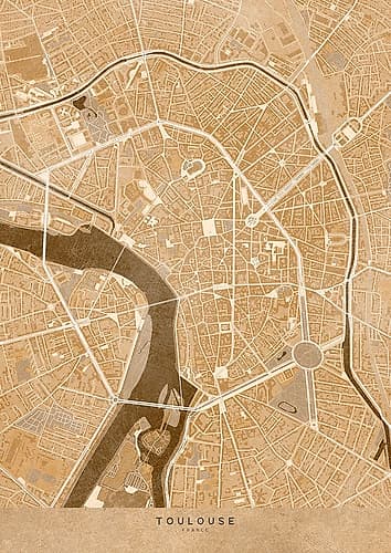 Sepia vintage map of Toulouse downtown France Art Print