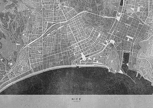 Gray vintage map of Nice downtown France Minimalist Print