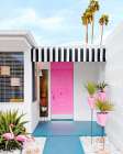 Pink Door with Yard Flamingos Art Print