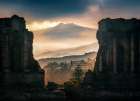 Volcano on ancient ruins Art Print