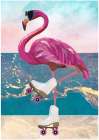 Flamingo rollerskating on the beach Art Print