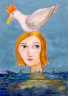 Lady swimmer with seagull Art Print