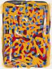 Yellow dotted line art abstract blue polka dot Art Print