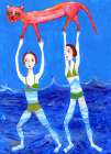 Two swimmers with pink cat Art Print