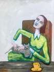 Lady tickling grey cat in chair Art Print